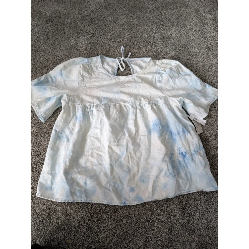 Old‎ Navy Blue Tie Dye Babydoll Top Short Puff Sleeve Back Tie Cotton M